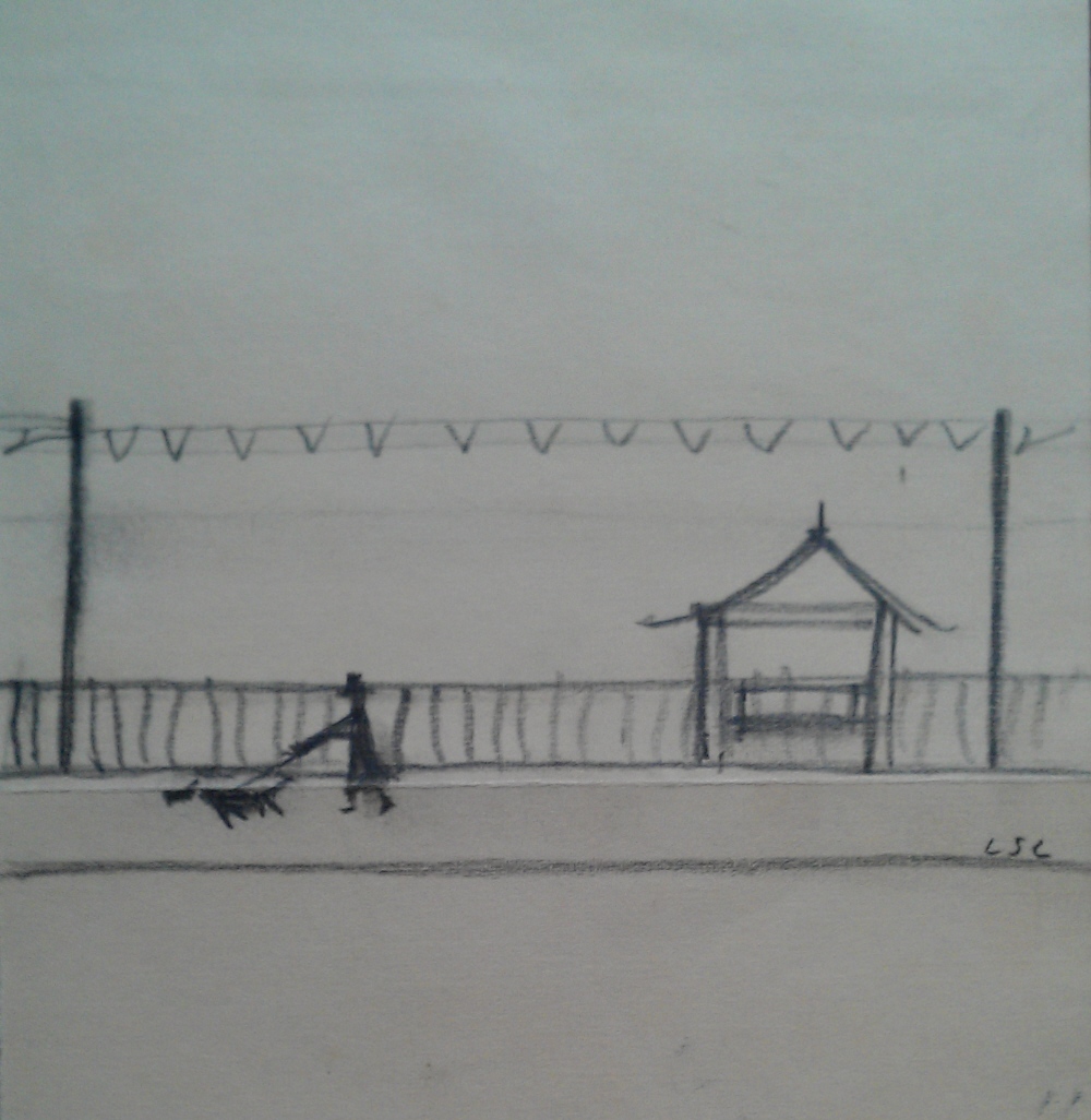 lowry man walking his dog original drawing