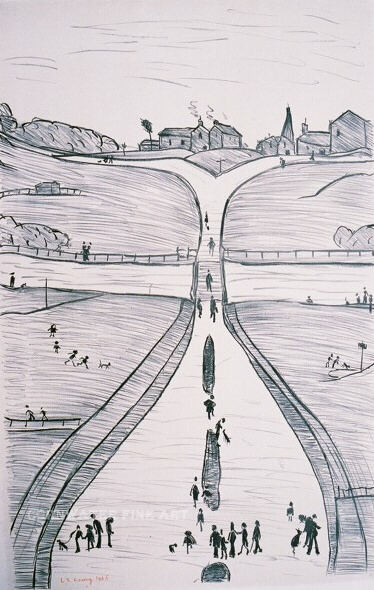 lowry lithograph village on a hill